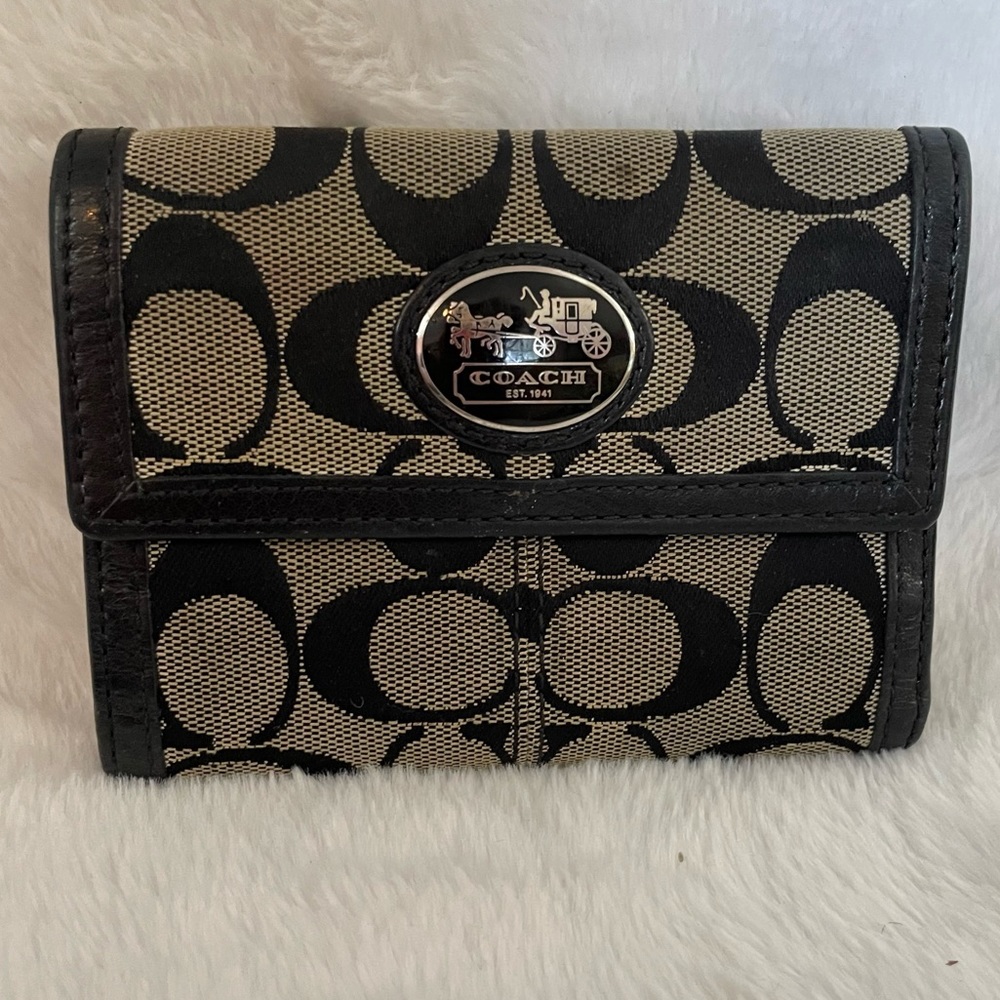 Coach Signature Canvas & Black Leather Trifold Square Wallet - Picture 1 of 5
